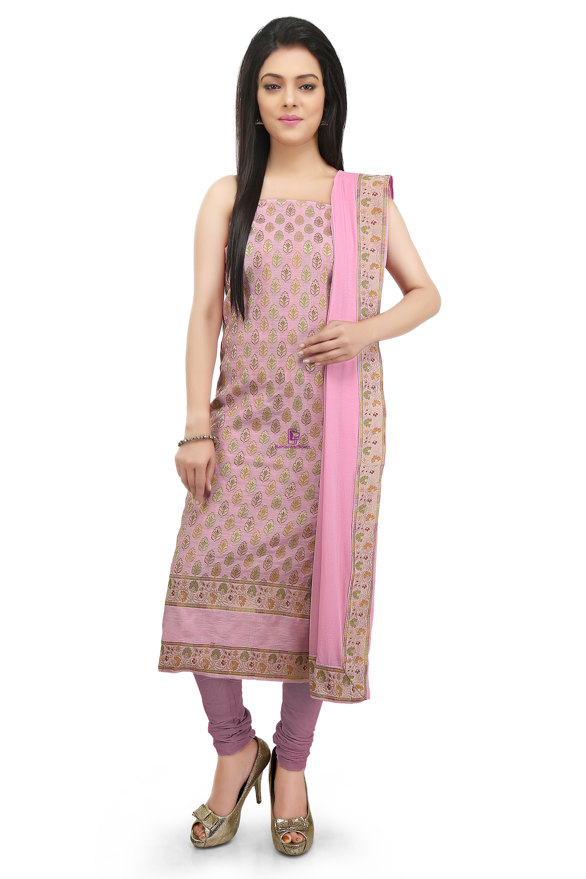 Woven Banarasi Cotton Silk Jacquard Straight Suit in Light Pink 1