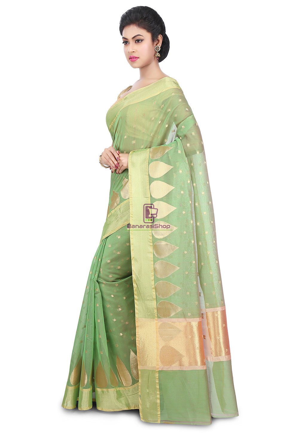 Woven Banarasi Chanderi Silk Saree in Pastel Green 5