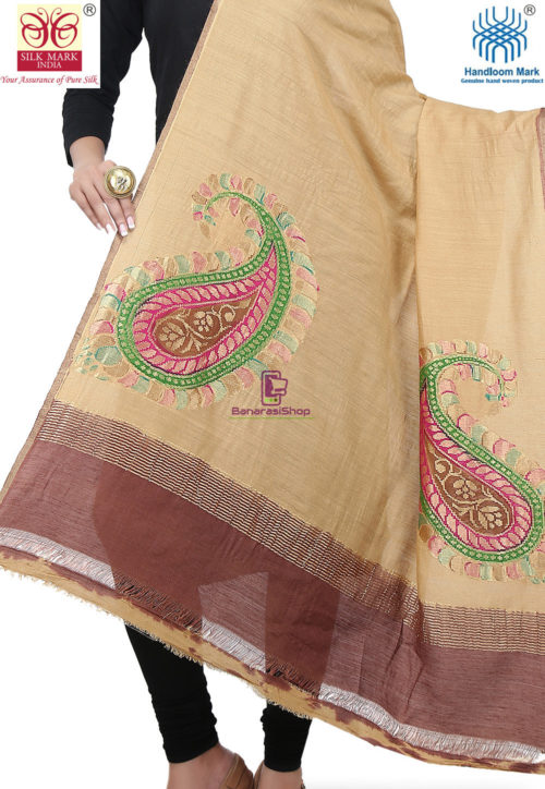 Handloom Banarasi Pure Muga Silk Dupatta in Beige 3
