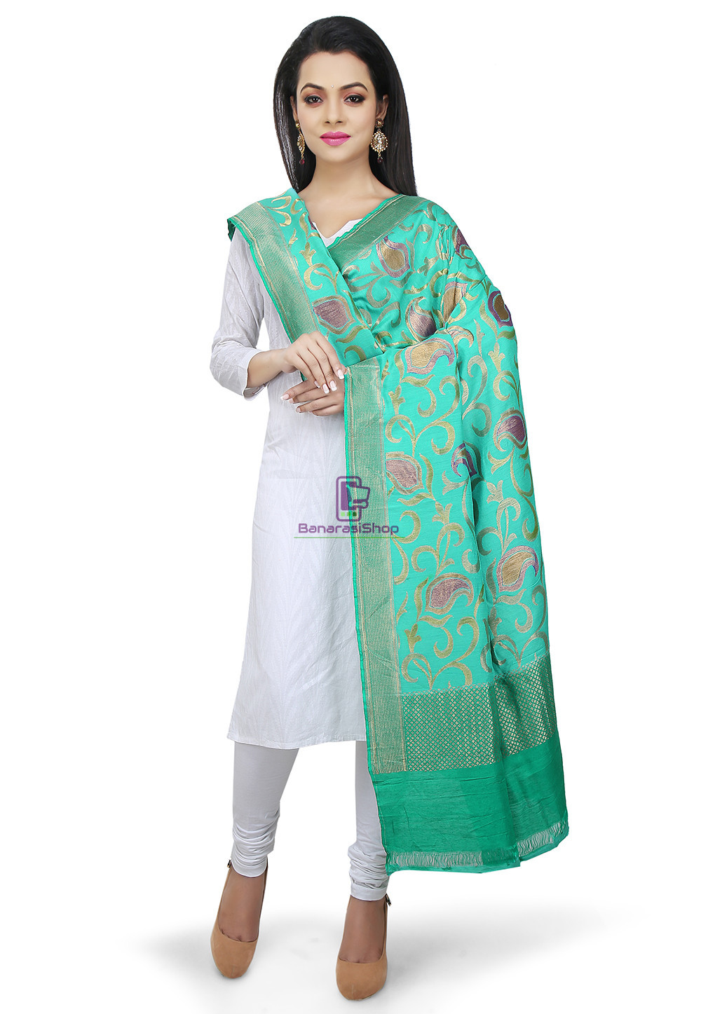Handloom Banarasi Pure Muga Silk Dupatta in Turquoise 1