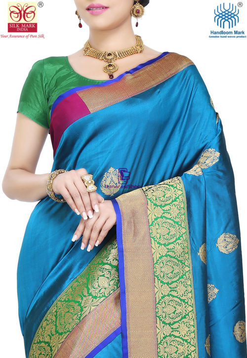 Banarasi Pure Katan Silk Handloom Saree in Teal Blue 6