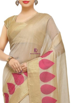 Woven Banarasi Cotton Silk Saree in Light Beige 5