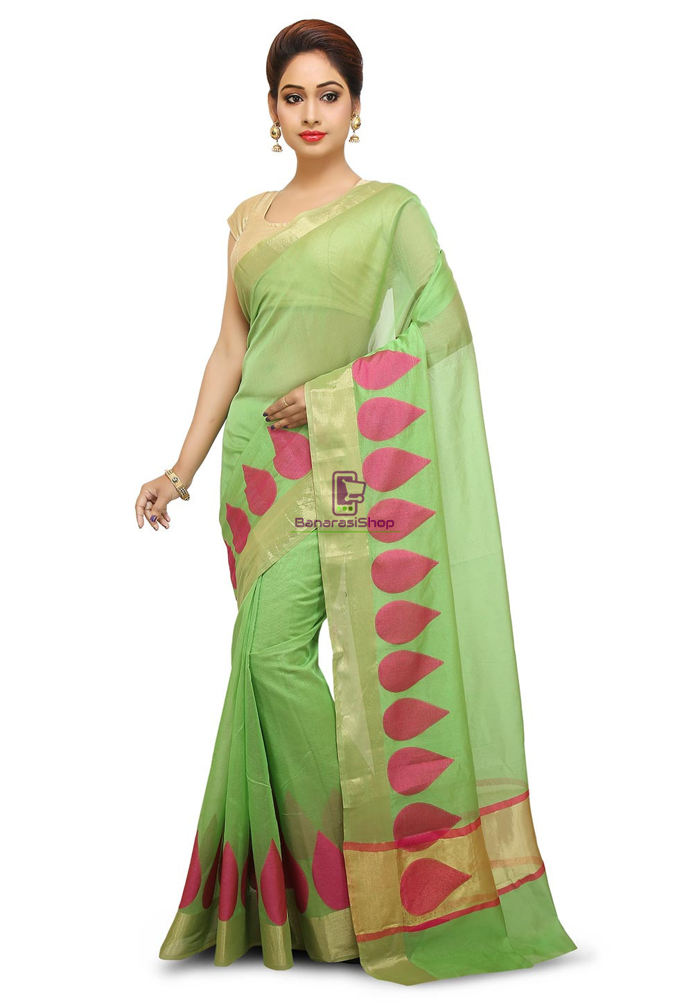 Woven Banarasi Cotton Silk Saree in Light Green 1