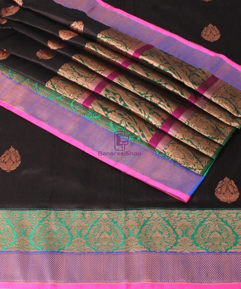 Banarasi Pure Katan Silk Handloom Saree in Black Green 1