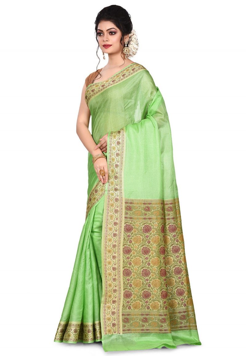 Pure Tussar Silk Banarasi Saree in Light Green 4