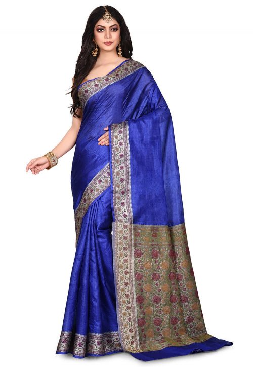 Pure Tussar Silk Banarasi Saree in Royal Blue 7