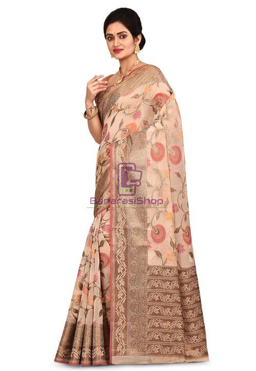 Woven Banarasi Cotton Silk Saree in Light Beige 7
