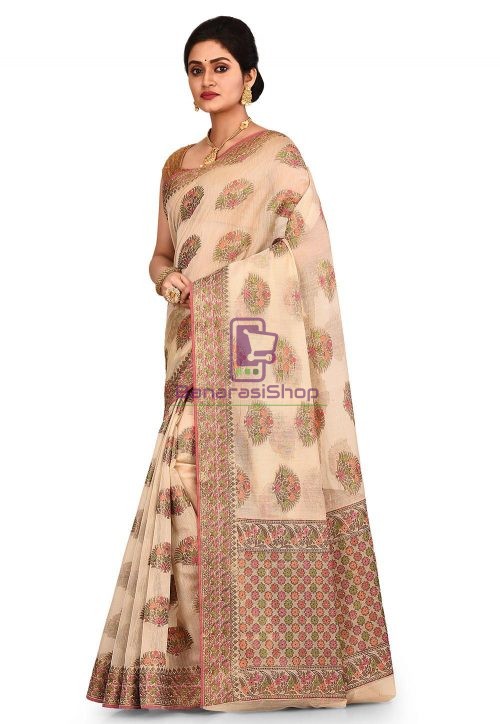 Woven Banarasi Cotton Silk Saree in Light Beige 7