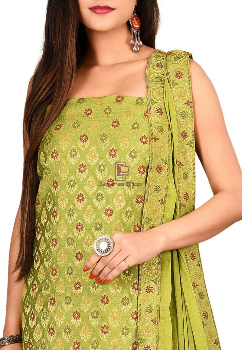 Woven Banarasi Cotton Silk Straight Suit in Green 2