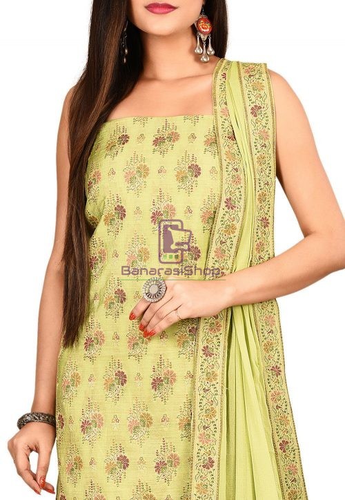 Woven Banarasi Cotton Silk Straight Suit in Light Green 3