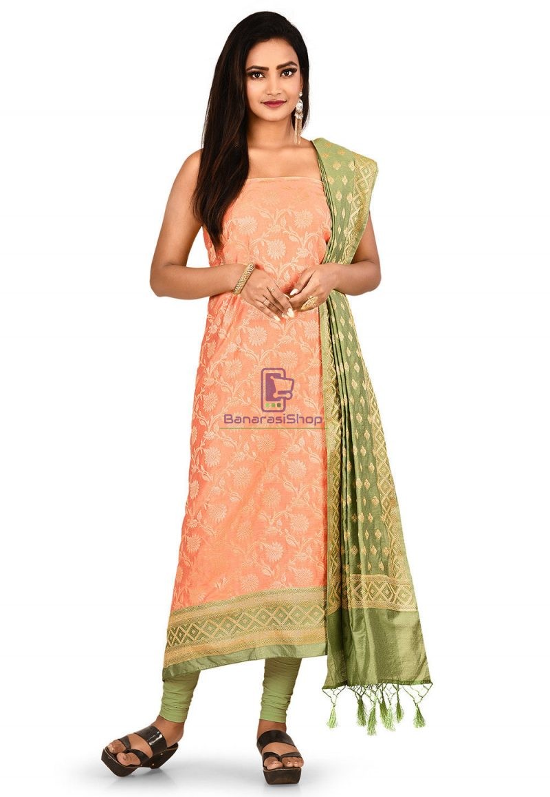 Woven Banarasi Cotton Silk Straight Suit in Peach 1