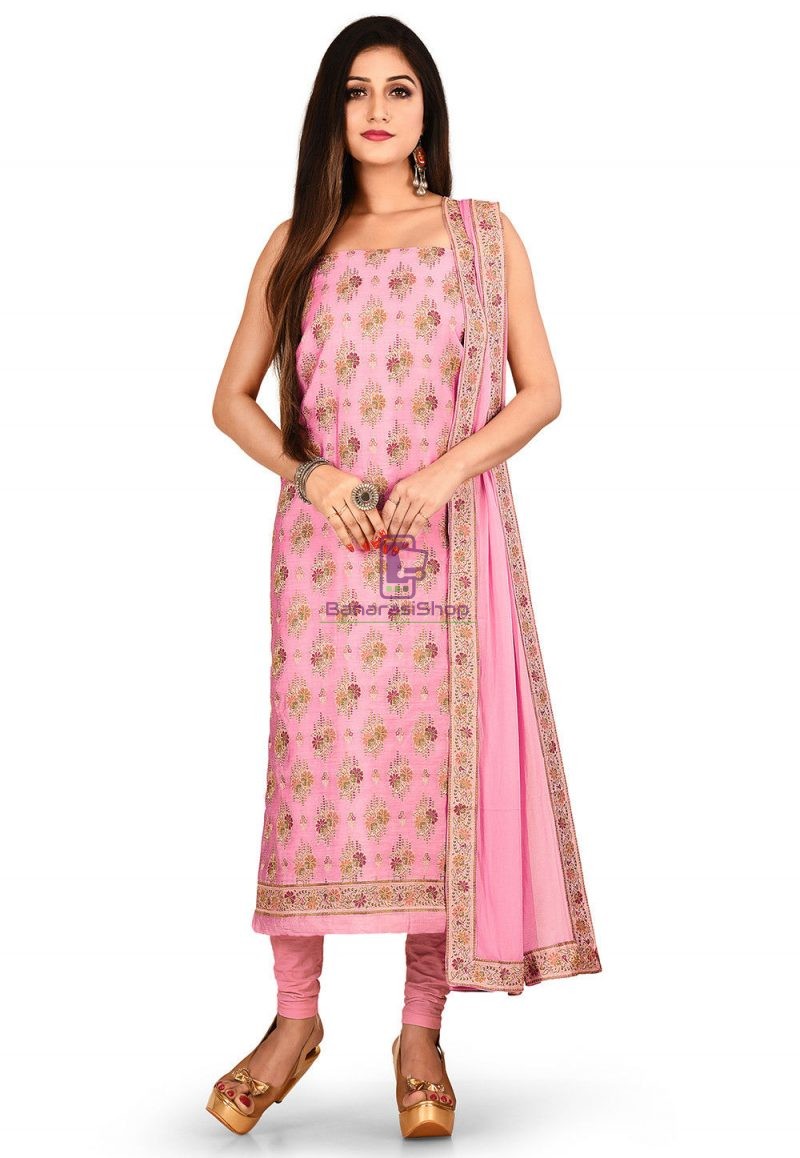 Woven Banarasi Cotton Silk Straight Suit in Pink 1