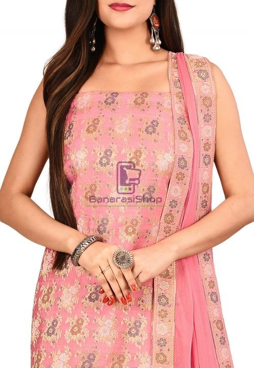 Woven Banarasi Cotton Silk Straight Suit in Pink 3