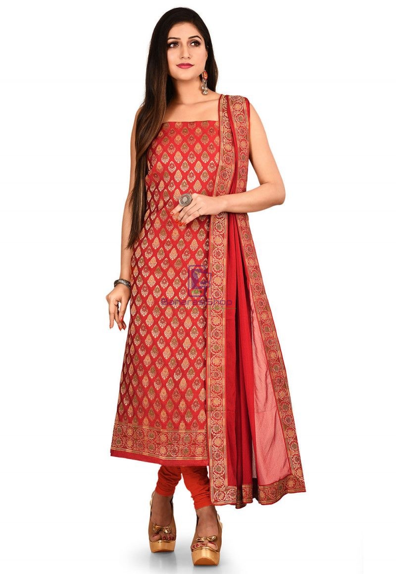 Woven Banarasi Cotton Silk Straight Suit in Red 1