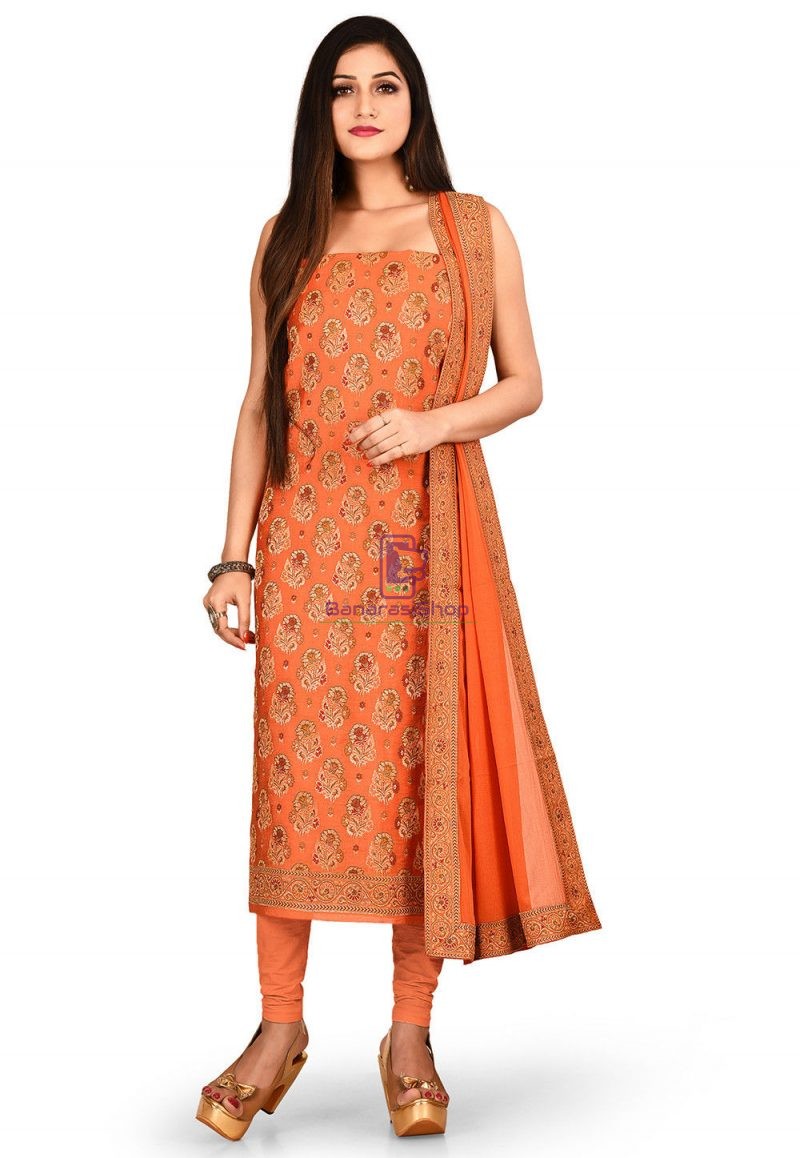 Woven Banarasi Silk Straight Suit in Orange 1
