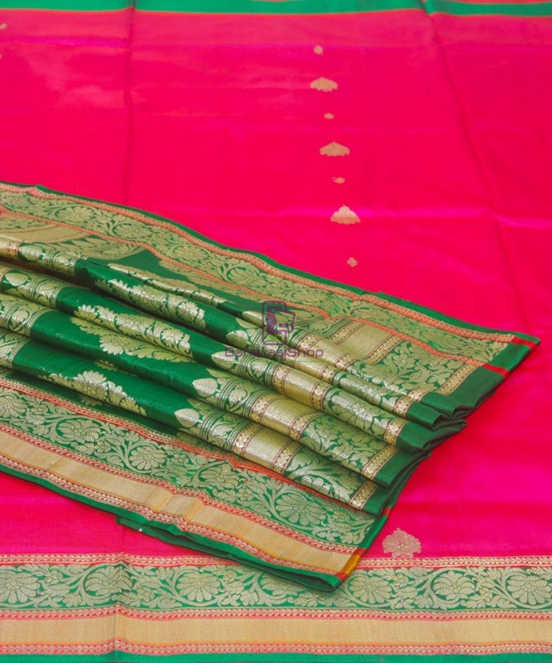 Banarasi Pure Katan Silk Handloom Pink and Green Saree 1