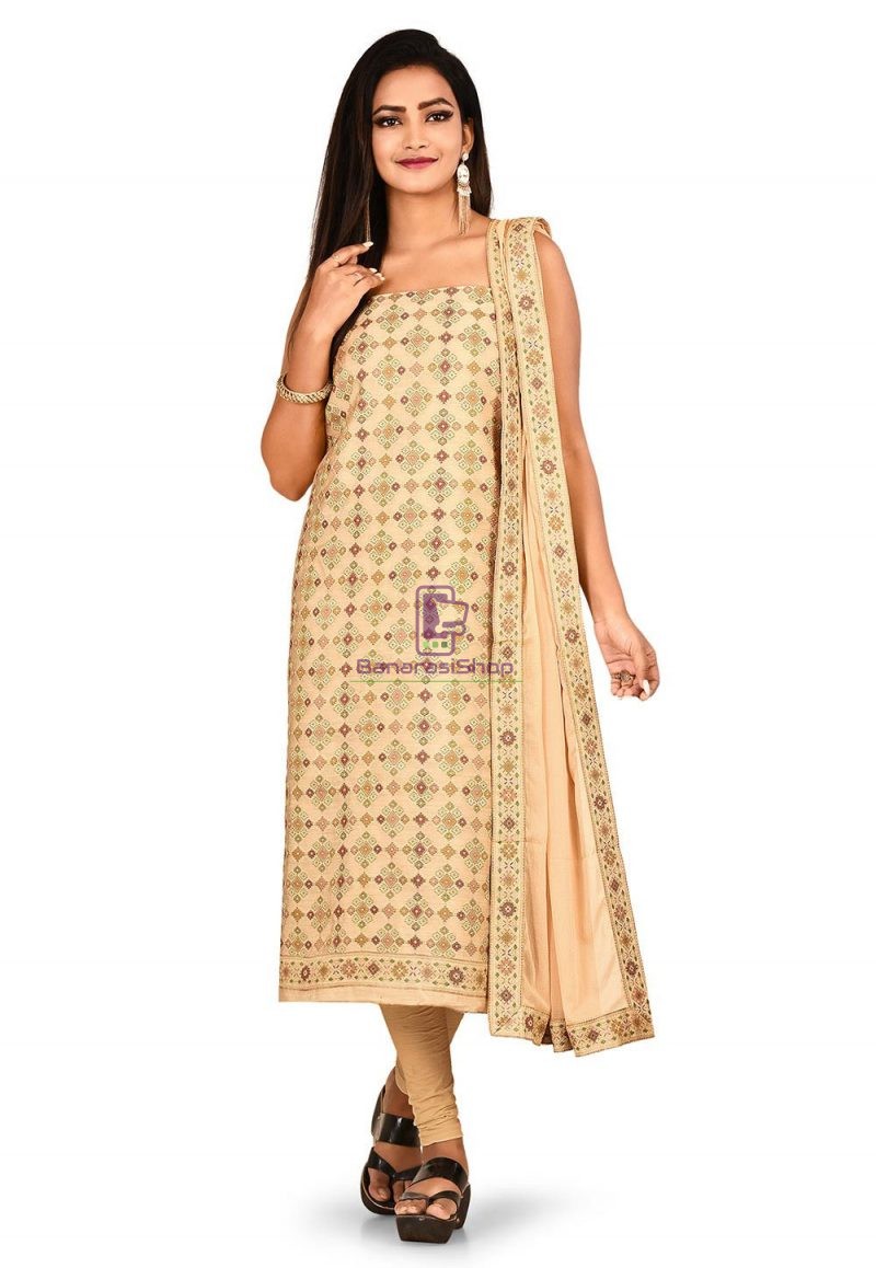 Woven Banarasi Cotton Silk Straight Suit in Beige 1