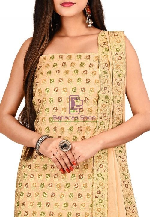 Woven Banarasi Cotton Silk Straight Suit in Beige 3