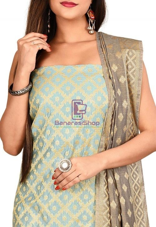 Woven Banarasi Cotton Silk Straight Suit in Blue 3