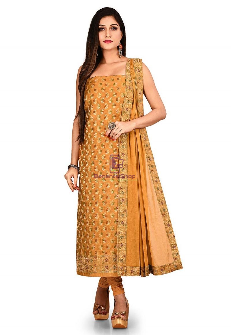 Woven Banarasi Cotton Silk Straight Suit in Brown 1