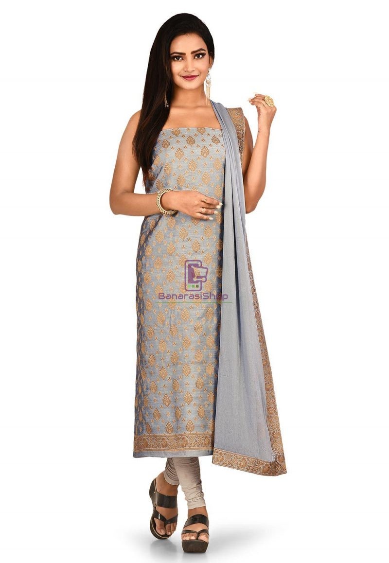 Woven Banarasi Cotton Silk Straight Suit in Grey 1