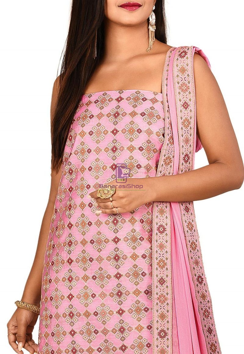 Woven Banarasi Cotton Silk Straight Suit in Pink 2