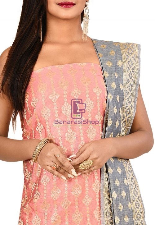 Woven Banarasi Cotton Silk Straight Suit in Pink 3