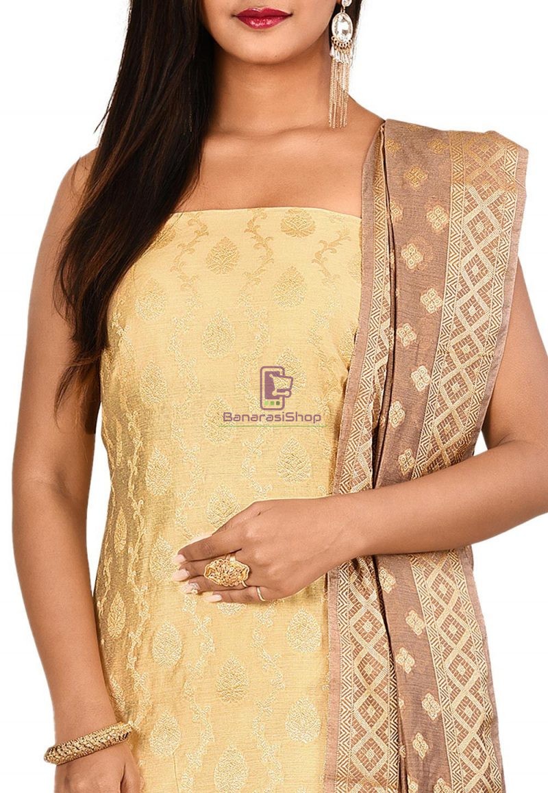 Woven Banarasi Cotton Silk Straight Suit in Beige 2