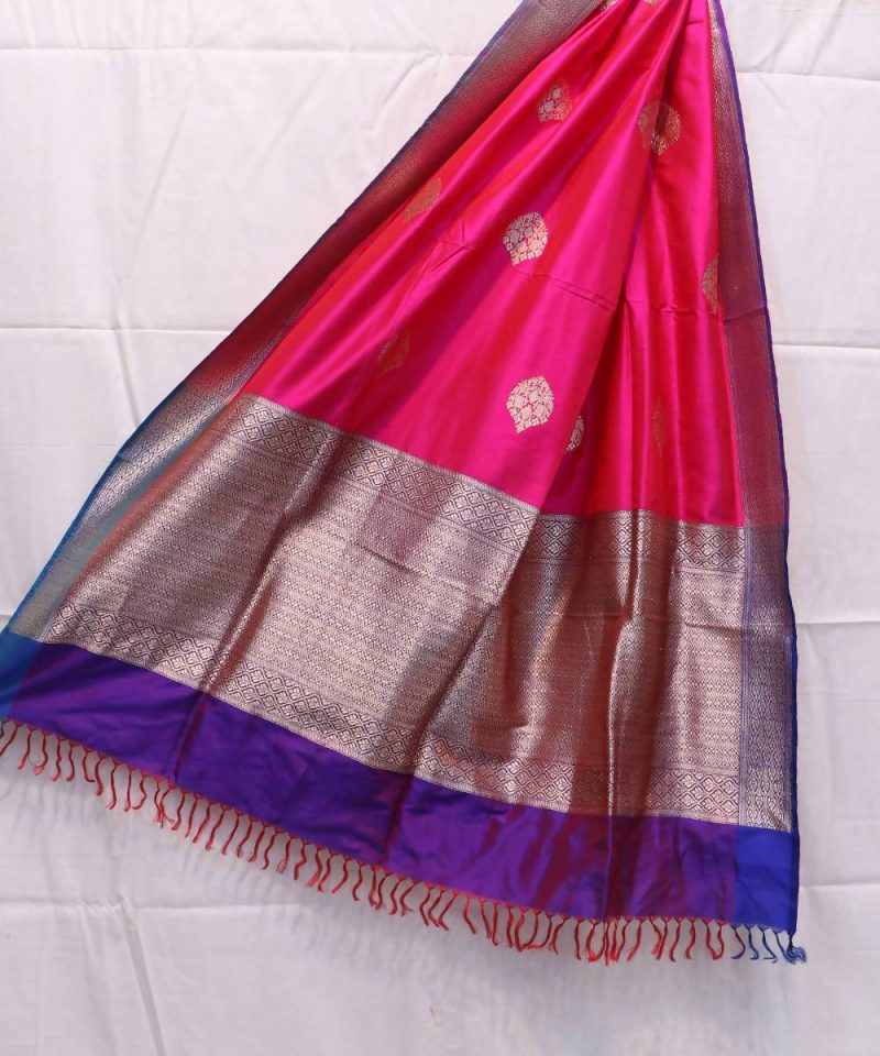 Woven Banarasi Handloom Pure Katan Silk Dupatta in Bright Pink 1