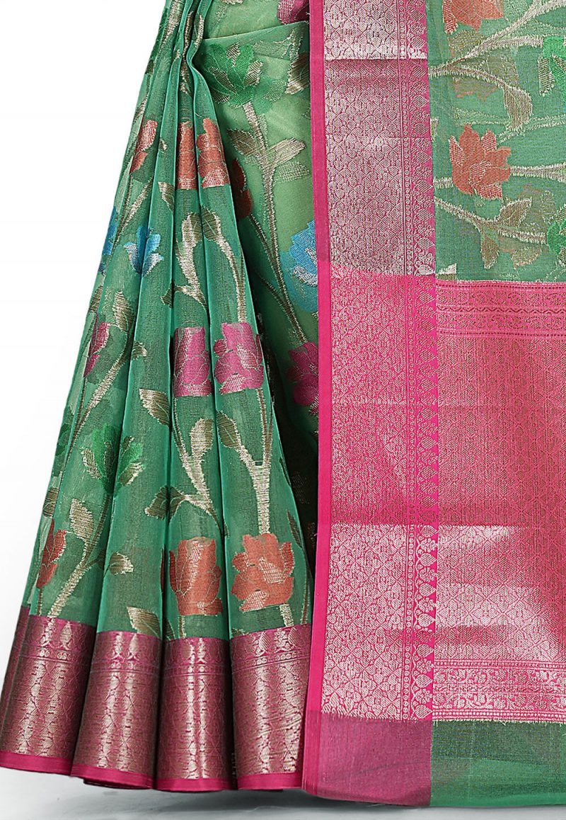 Banarasi Kora Silk Saree in Teal Green 3