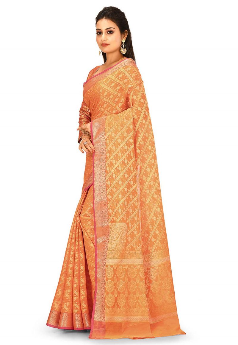 Woven Banarasi Cotton Silk Saree in Orange 2