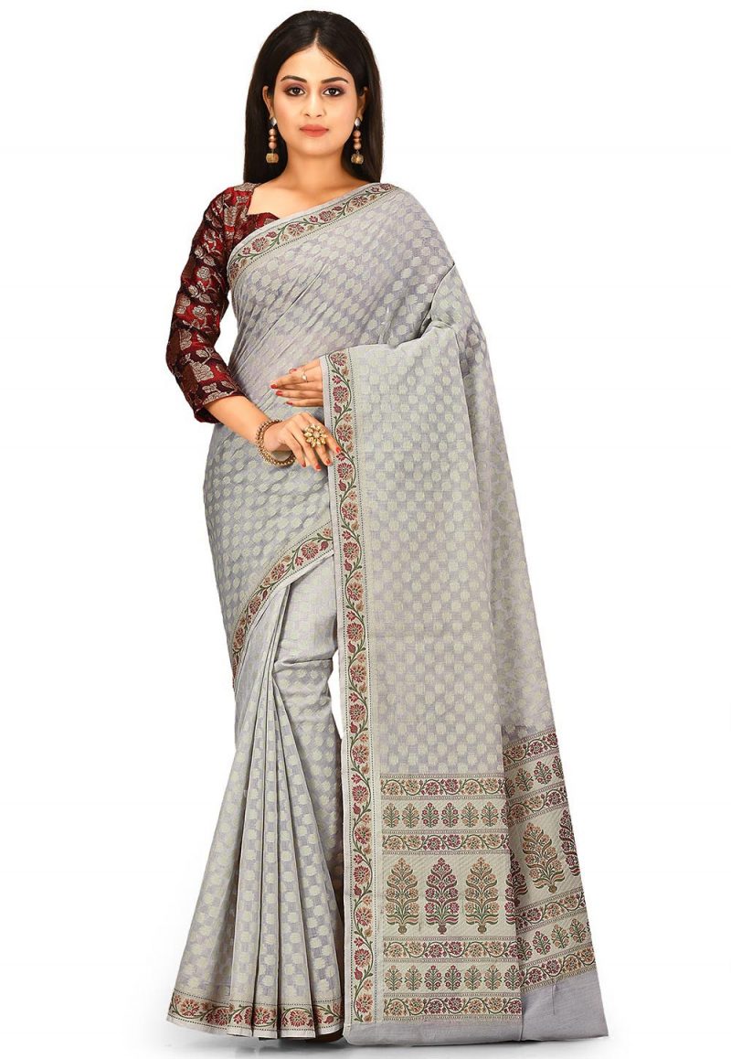 Woven Banarasi Cotton Silk Saree in Light Grey 1