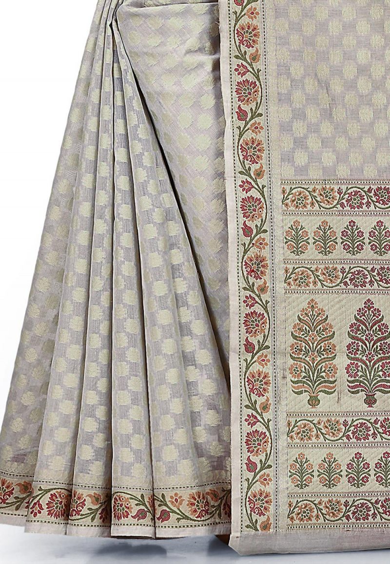 Woven Banarasi Cotton Silk Saree in Light Grey 3