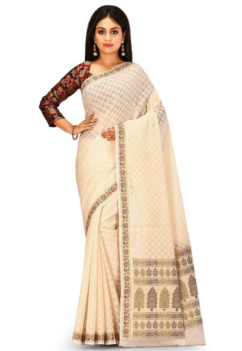 Woven Banarasi Cotton Silk Saree in Off White 1