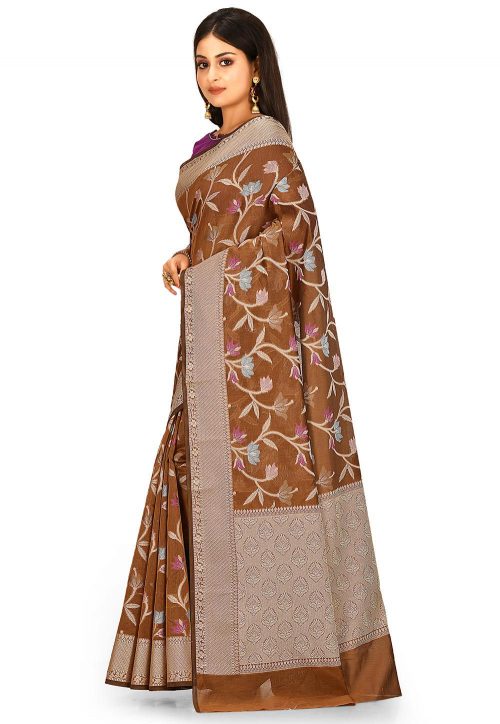 Woven Banarasi Cotton Silk Saree in Brown 5