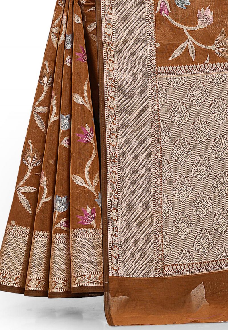 Woven Banarasi Cotton Silk Saree in Brown 3