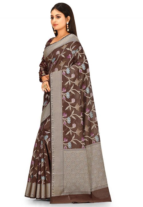 Woven Banarasi Cotton Silk Saree in Dark Brown 5