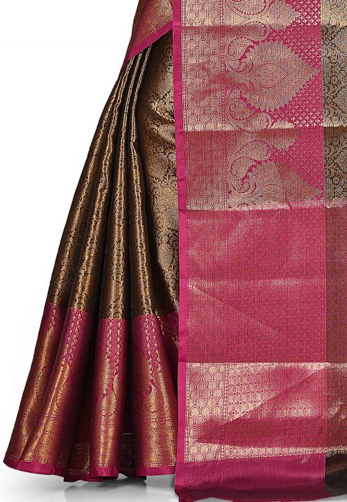 Woven Banarasi Tissue Tanchoi Saree in Black and Copper 6