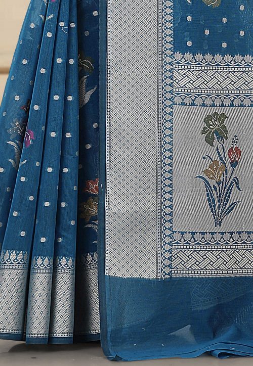 Woven Banarasi Cotton Silk Saree in Blue 6