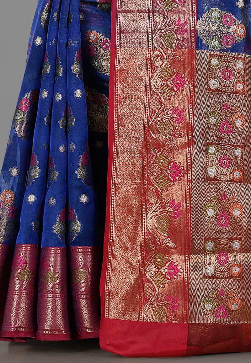Woven Banarasi Kora Silk Saree in Royal Blue 3