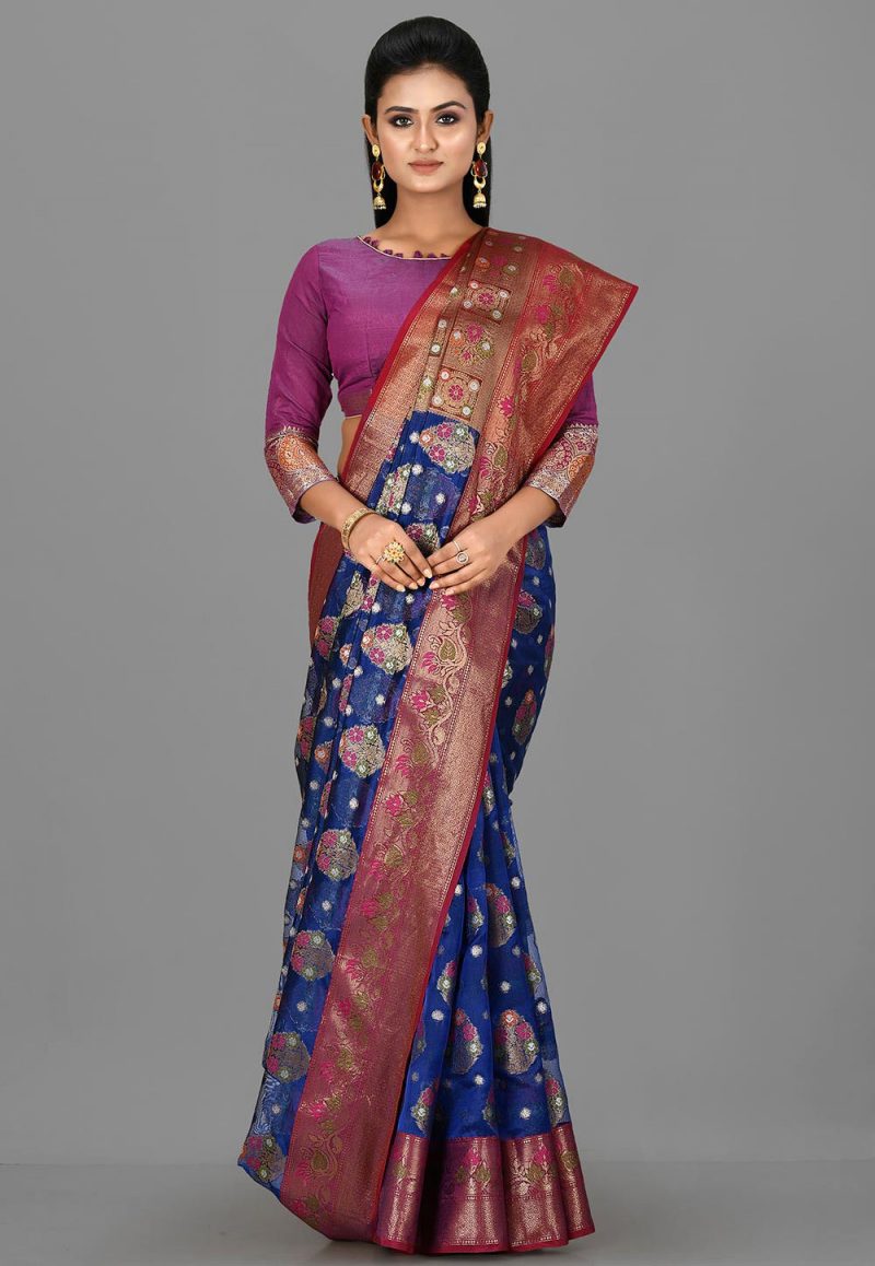 Woven Banarasi Kora Silk Saree in Royal Blue 1