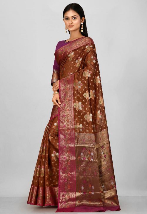 Woven Banarasi Kora Silk Saree in Brown 5