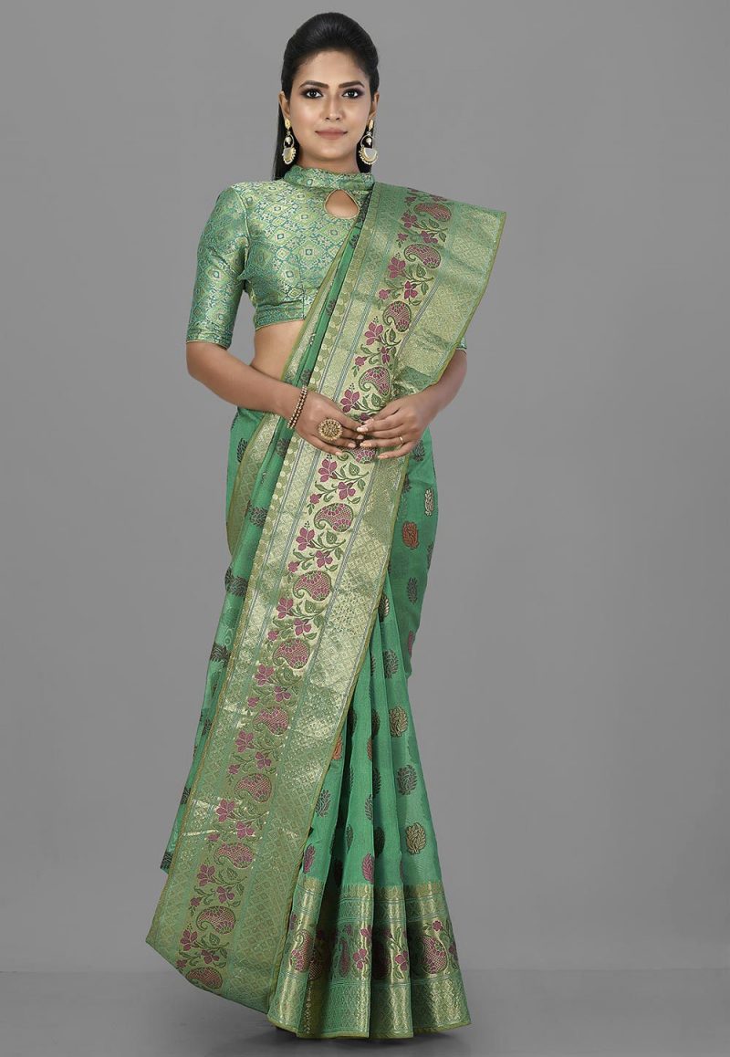 Woven Banarasi Cotton Silk Saree in Green 1