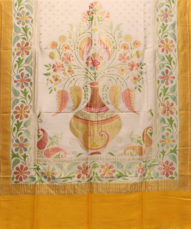 Woven Banarasi Handloom Pure Munga Silk Handpainted Dupatta in Light cream 2