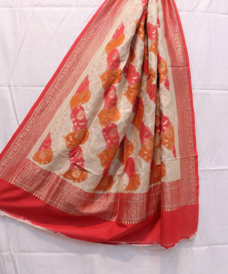 Woven Banarasi Handloom Pure Munga Silk Dupatta in Orange and Cream 1