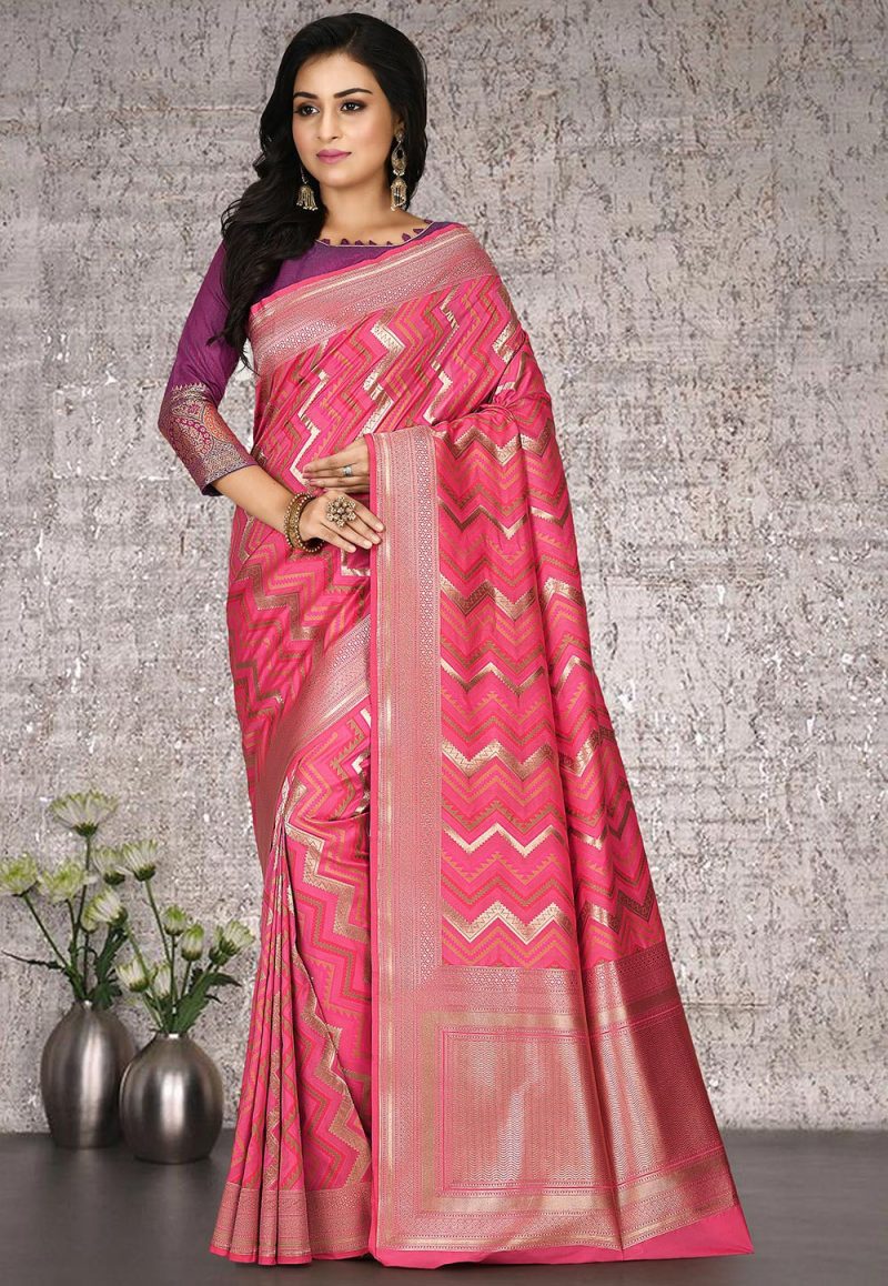 Woven Banarasi Silk Saree in Dark Pink 1