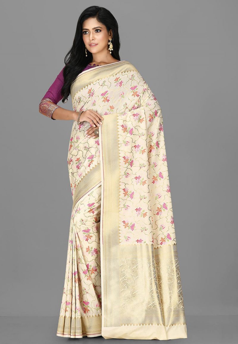 Woven Banarasi Silk Saree in Cream 1