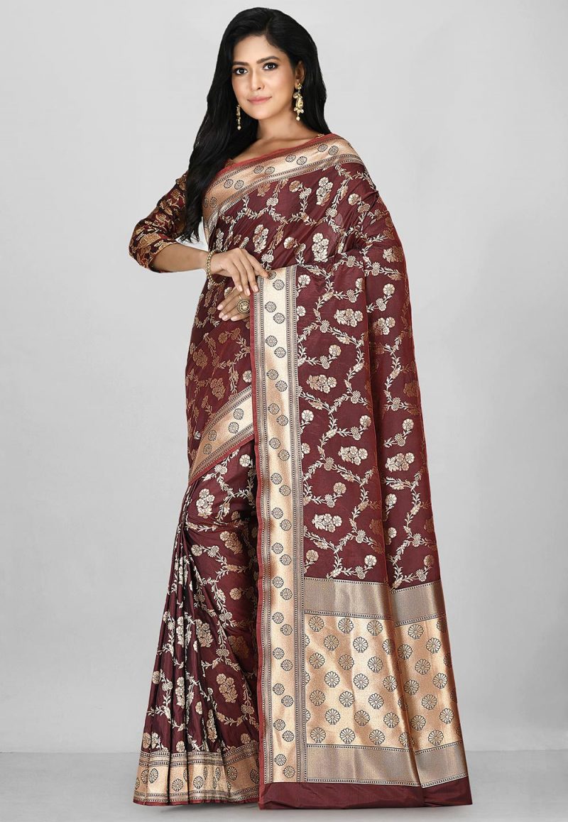 Woven Banarasi Silk Saree in Maroon 1