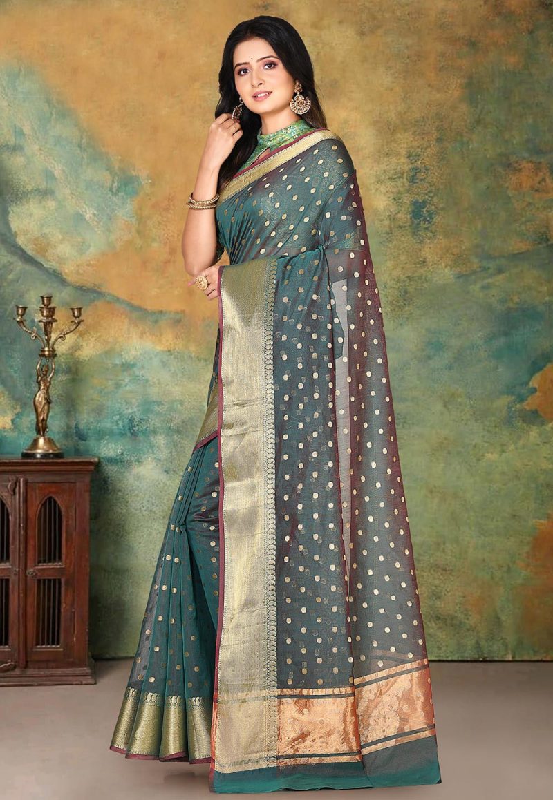 Woven Banarasi Cotton Silk Saree in Teal Green Dual Tone 2