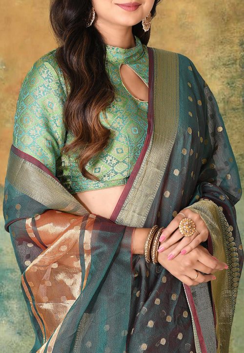 Woven Banarasi Cotton Silk Saree in Teal Green Dual Tone 7